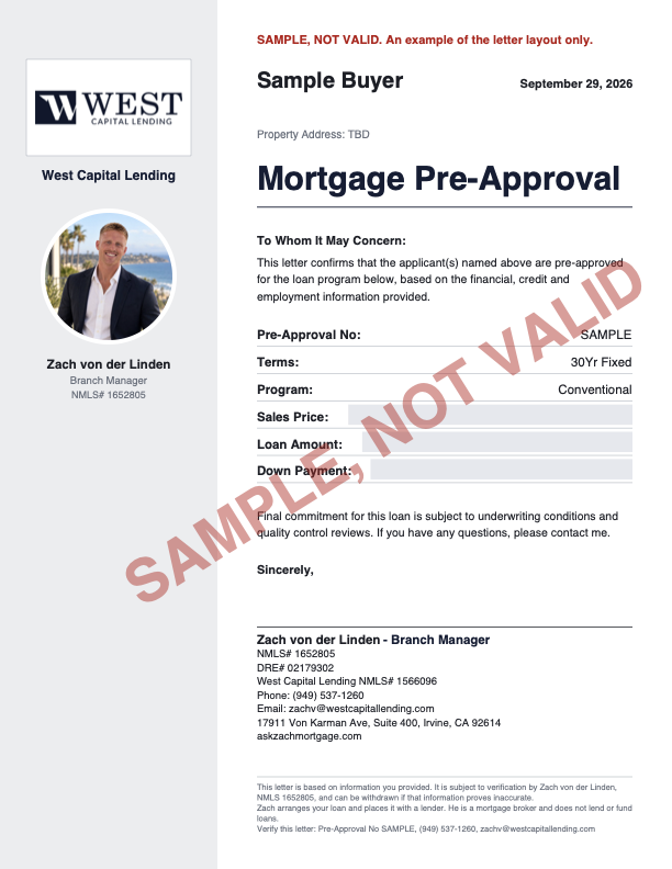 Sample pre-approval letter on West Capital Lending letterhead for Sample Buyer, with the figures covered and marked SAMPLE, NOT VALID